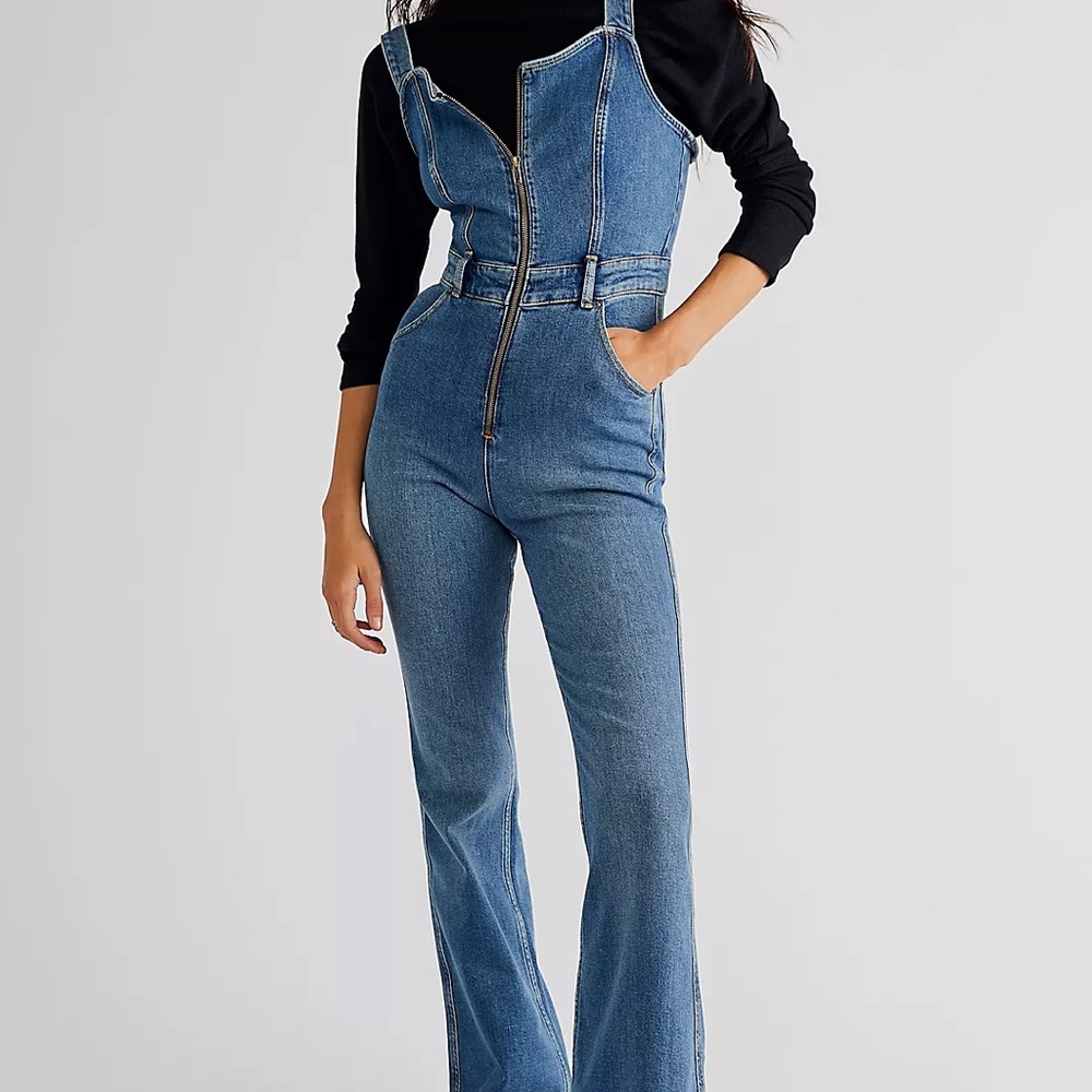Free People Denim Zip-Front Jumpsuit in Blue - Picture 5 of 11
